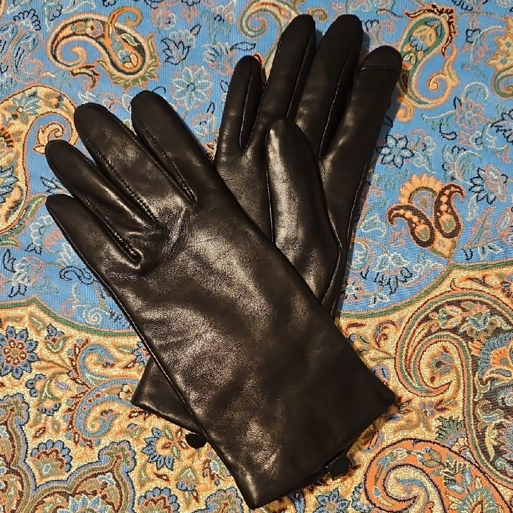 Lands' End Black Leather Cashmere Gloves